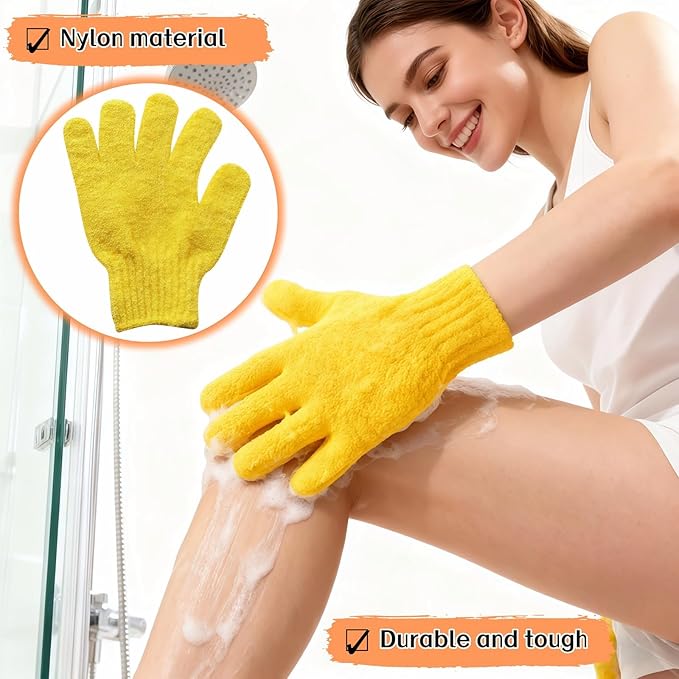 Exfoliating Shower Gloves, 2 Pairs Reinforced Nylon Bath Scrubbing Mitts, Orange and Yellow, One Size Fits All, Body Cleansing Massage