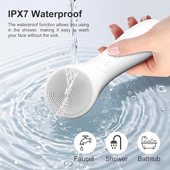 OWLMATE Facial Cleansing Brush, Electric Face Scrubber for Men & Women Waterproof Rechargeable Sonic Vibrating Soft Silicone Face Cleanser Brush for Deep Cleansing, Exfoliating, Massaging (White)