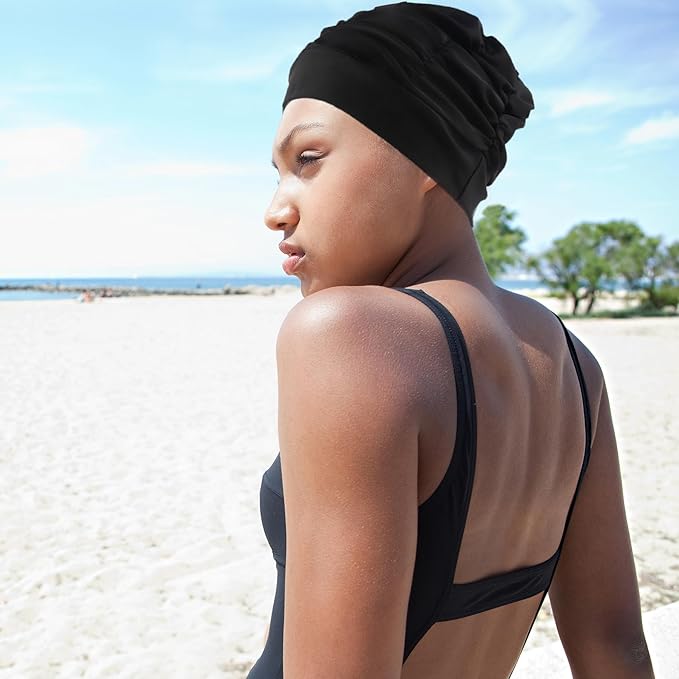 Swim Caps for Women Swimming,1 Pcs Fabric Nylon Cloth Swim Cap, Comfort Pleated Swimming Cap for Long Hair, Not Waterproof Elastic Bathing Caps, Swim Hat Keep Hairstyle Unchanged