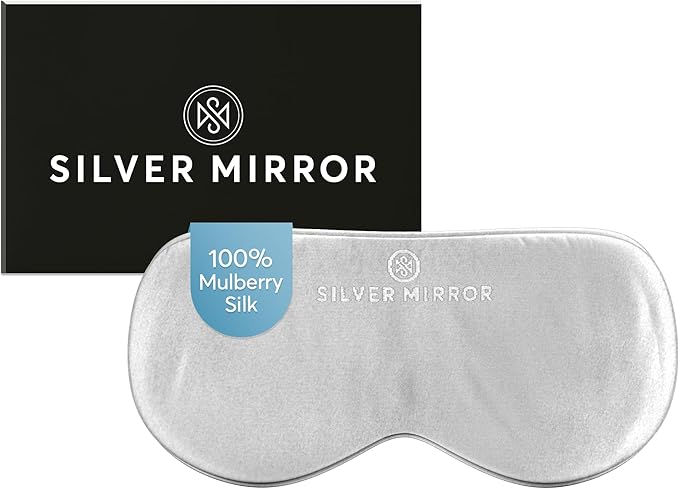 Sleep Mask in Silver, 100% Silk, Pure Mulberry Silk, Light Blocking Eye Mask with Elastic Strap for Sleep & Travel, Ultra Soft, No Pressure, Reduce Puffy Eyes, Machine Washable, By Silver Mirror