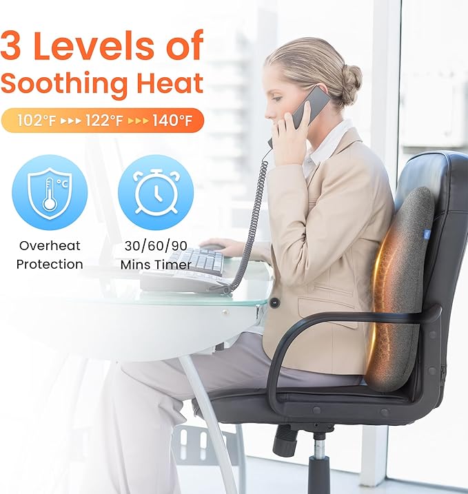CILI Heated Lumbar Support Pillow for Office Chair, Ergonomic Back Support Cushion with Vibration, Memory Foam Chair Back Massager, Mother‘s Day Gifts for Mom