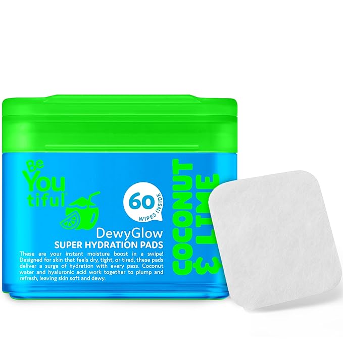 BeYoutiful DewyGlow Hydrating Face Moisturizer Wipes for Teens and Kids, 60 Toner Facial Moisturizing Pads, Trendy Skin Care, Gentle and Safe Skincare, Vegan, with Coconut Water & Hyaluronic Acid