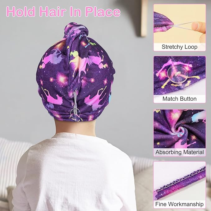 Basumee Microfiber Hair Towel Wrap for Kids 2 Pack Rapid Drying Hair Towel with Button Hair Turbans for Wet Hair Wraps Head Towel Wrap for Women and Girls, Dark Unicorn