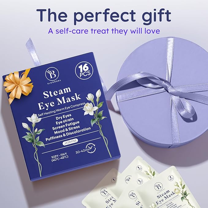 16 Pack Jasmine Steam Eye Mask for Dryness, Puffiness, Strain & Relaxation, Heated Eye Mask for Sleep & Travel, Self-Heating & Disposable Warm Compress, Travel Essentials, Relaxation Gifts for Women