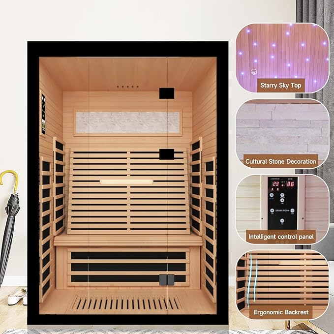 OUTEXER Sauna for 2 Person Far Infrared Saunas 2100W 120V Room Home Canadian Hemlock Indoor Low-EMF Dry Saunas with with Oxygen Bar 7 Color Light 53.1 * 47.2 * 74.8inch