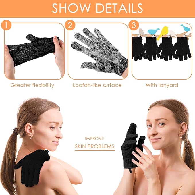 FoldTier 200 Pcs Exfoliating Gloves Bulk for Shower Body Double Sided Gloves Exfoliating Bath Mitt with Hanging Loop Bath for Women Men Bathing Skin Scrubber Accessories Beauty Spa (Black)