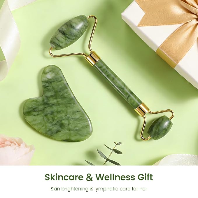 MANLENO Jade Roller & Gua Sha Set - Natural Jade Face Roller Facial Massage Skincare Tools for Women,Reduce Puffiness and Fine Lines (Forest Green)