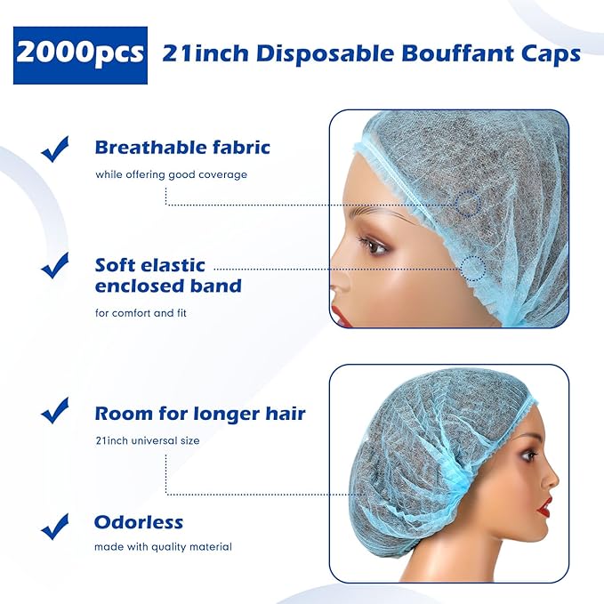 Yahenda 2000 Pcs Disposable Hair Nets Bulk 21 Inch Non Woven Bouffant Caps for Food Service Cooking Medical Salon Spa Beauty