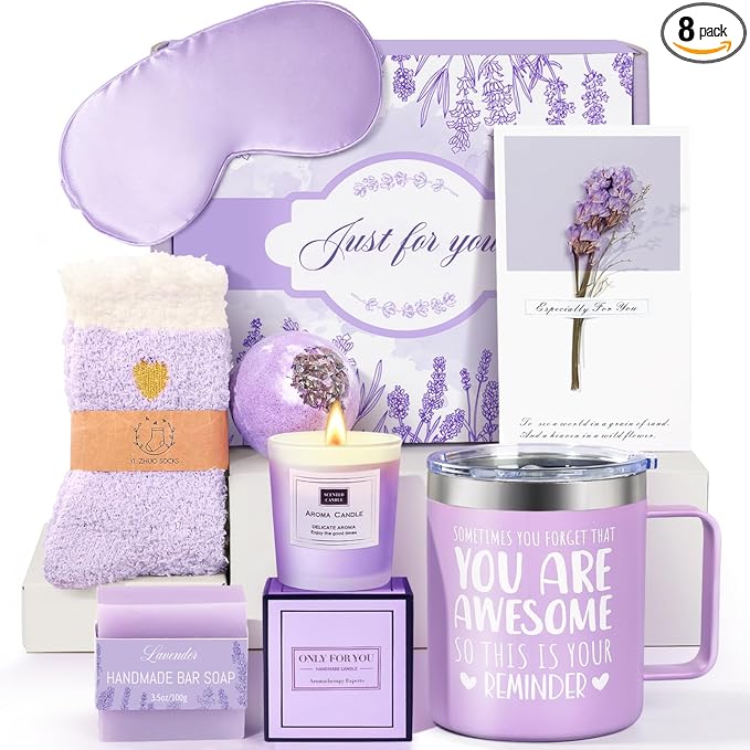 Mothers Day Gifts for Mom, Birthday Gifts for Women Lavender Spa Gift Basket for Women Self Care Relaxing Bath Set Purple Inspirational Gift for Wife Her Female Sister Teacher Nurse Friends Employee
