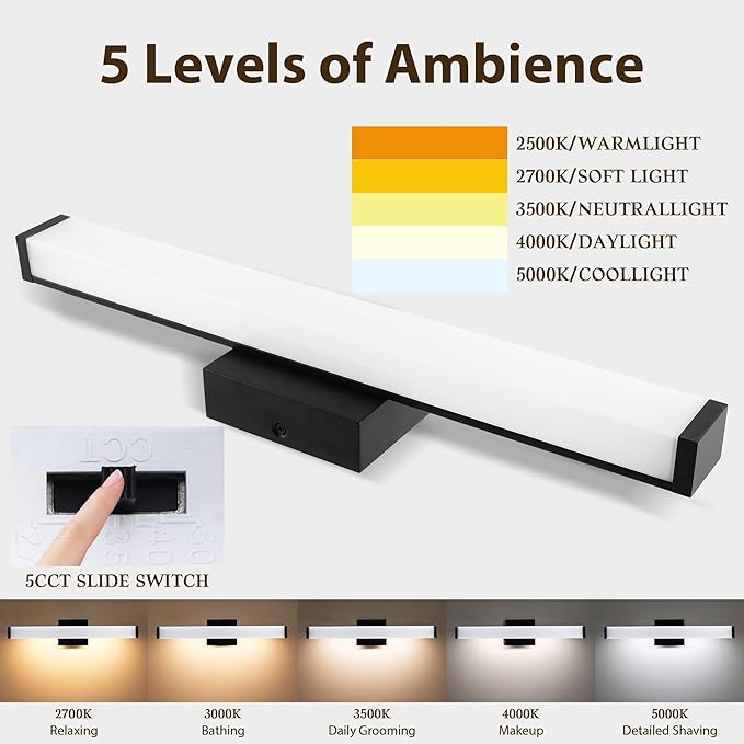 Bathroom Light Fixtures Over Mirror 22IN, 19W 5CCT Dimmable Modern Vanity Lights,Black Bar Vanity Light for Bathroom Mirror Restroom, Wall Light Fixtures Vanity Lighting