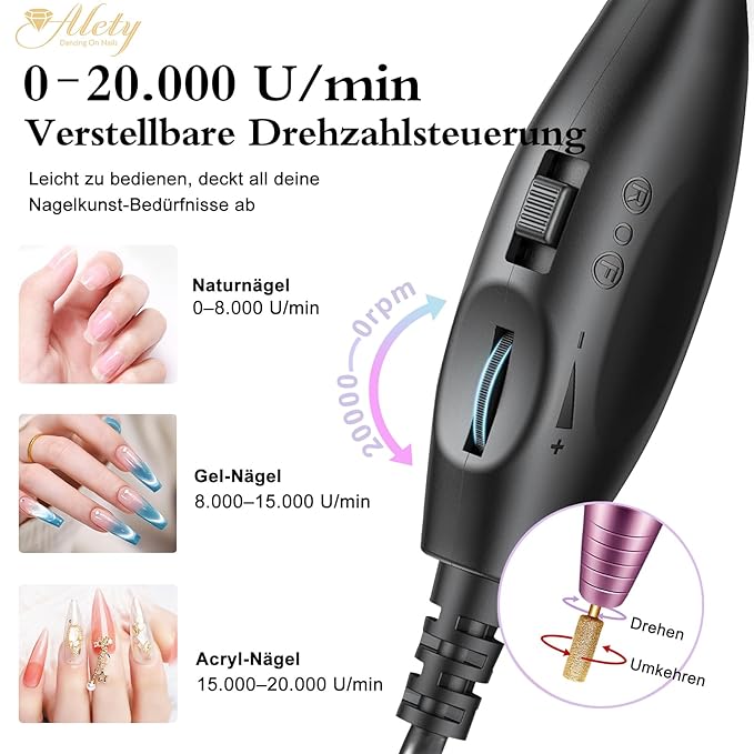 Alety Electric Nail Drill Kit, Portable File for Acrylic Gel Nails, Professional Machine Efile Manicure Pedicure Tools with Iridescent Bits Home Salon Use, Pink