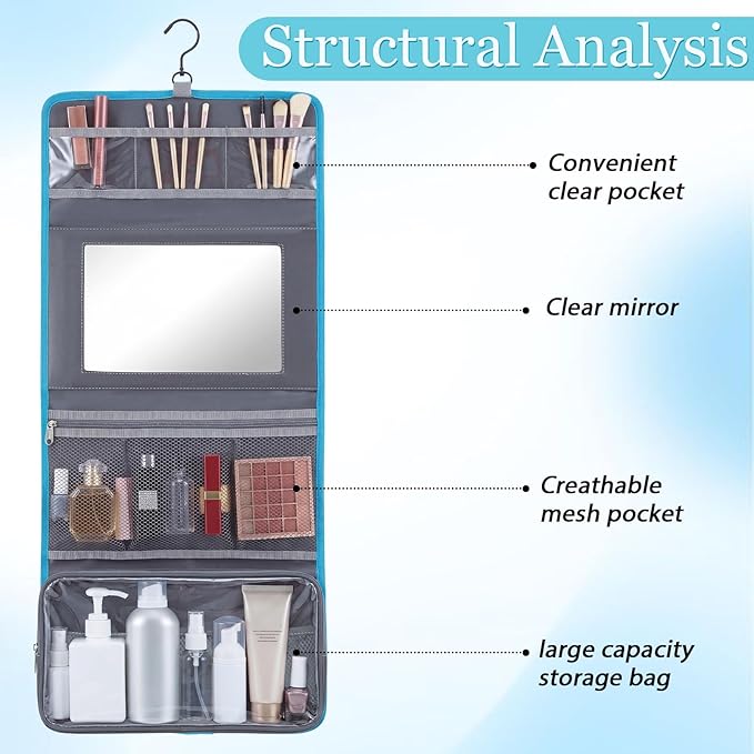 Travel Hanging Toiletry Bag with Mirror Leather Travel Hanging Mirror Foldable Dance Competition Makeup Bag Backstage Cosmetic Organizer for Traveling Dancers Spa(Glitter,Blue)