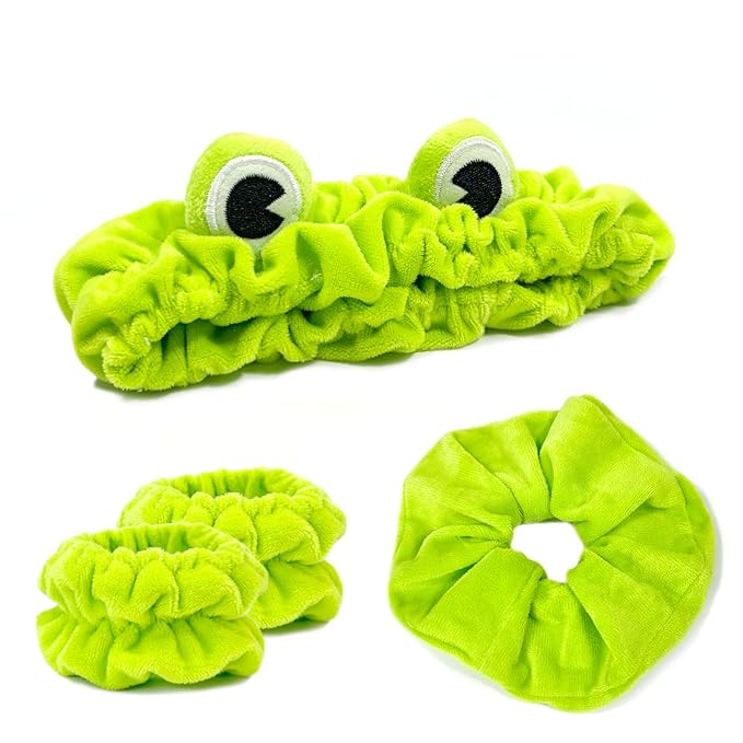 my novel things Face Wash Headband, Skincare Headband Wrist Bands For Washing Face Set Spa Hair Bands come with a Hair Scrunchie Cute Green Frog Elastic for Makeup Girls Women