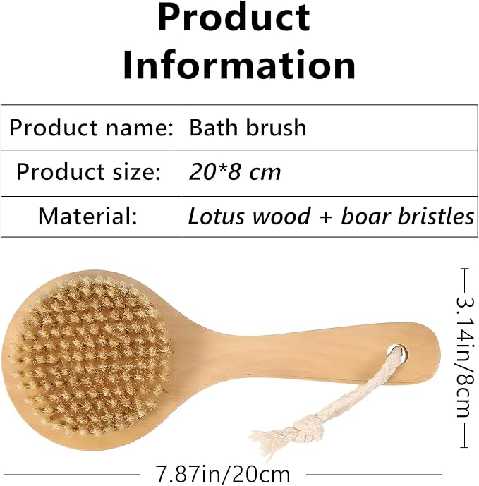 Dry Bath Body Brush with Short Handle, Natural Bristles Back Scrubber, Anti-Slip Wooden Handle for Exfoliation, Blood Circulation, and Cellulite Reduction, Brown