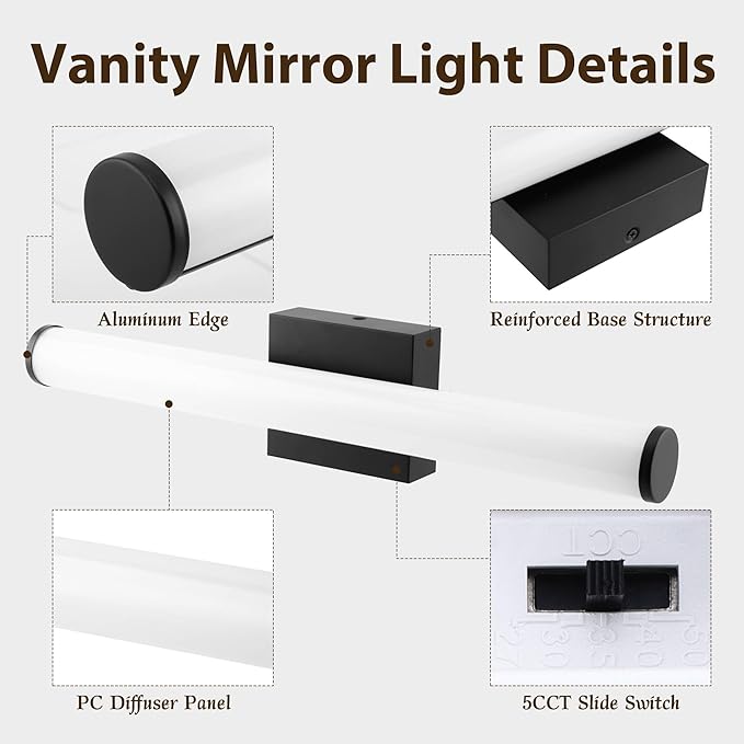Bathroom Light Fixtures Over Mirror 22IN, 19W 5CCT Dimmable Modern Vanity Lights,Black Bar Vanity Light for Bathroom Mirror Restroom, Wall Light Fixtures Vanity Lighting