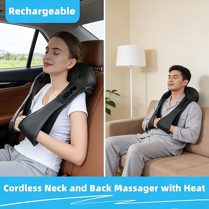 Cordless Neck and Shoulder Massager with Heat - Rechargeable Shiatsu Back Massager for Pain Relief - Deep Tissue Kneading Massage Pillow for Neck, Back, Shoulders, Legs - Gifts for Men & Women