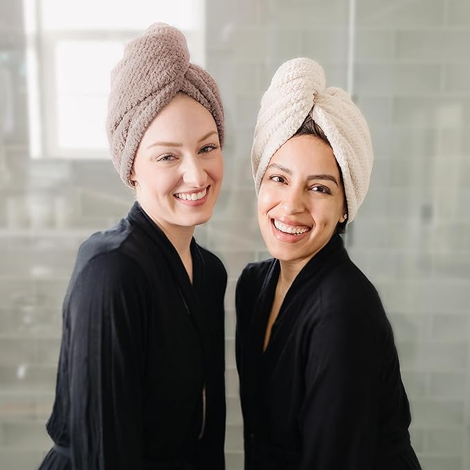 ROLSHOL Extra Large 4 Pack Microfiber Hair Towel Wrap for Women Super Absorbent & Quick Dry Hair Drying Towels with Button, Hair Turbans for Curly Hair Long & Short Hair - Anti-Frizz (Pink Pinstripe)
