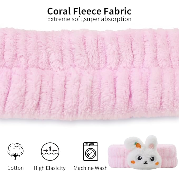 Spa Headband for Washing Face, 2 Pack Cute Hair Band for Shower Yoga Beauty, Fluffy Makeup Headband, Kawaii Facial Headbands for Woman Girls, Blue+Pink Rabbit