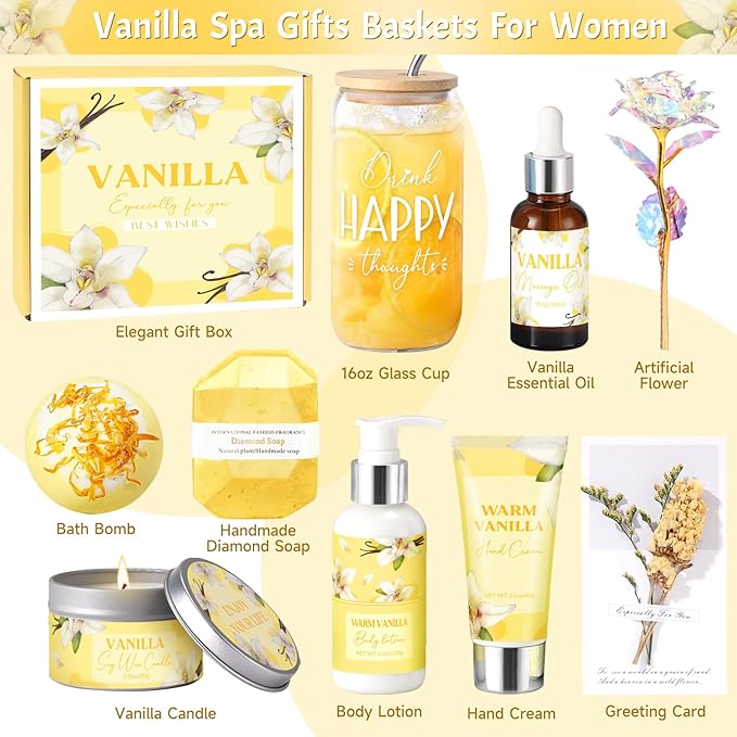 Mothers Day Gifts for Mom, Birthday Gifts for Women, Relaxing Spa Gift Baskets for Women, Warm Vanilla Self Care Package, Bath and Body Inspirational Gift Set for Her Wife Best Friend Sister Coworker