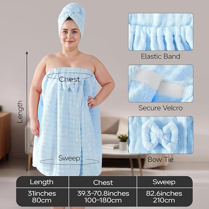 REDKISS Blue Plus Size Towel Wrap for Women, XL Adjustable Shower Wrap with Hair Towel, Super Absorbent Bath Towels Wrap for Body, Microfiber Plush Towel Wrap, Warmth Velcro Plus Size Wraps Towels