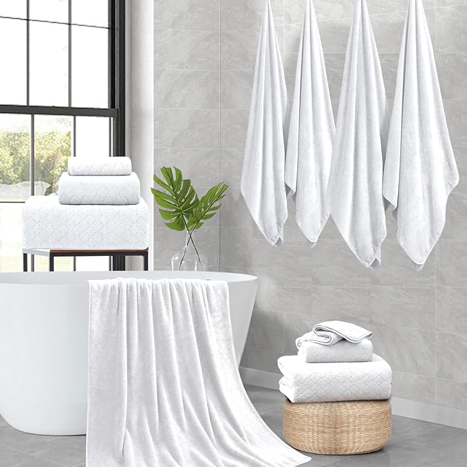 8-Piece White Bath Towels Set,2 Oversized Large Bath Towels Sheet,2 Hand Towels and 4 Washcloths - 600 GSM Soft Luxury Towel Set,Highly Absorbent Quick Dry Towel Collection for Bathroom,Hotel and Spa