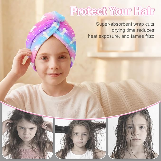 Microfiber Hair Towel Wrap for Kids Hair Drying Towel Wrap with Button 2 Pack Wet Hair Towel Wrap Head Towels Wrap for Girls