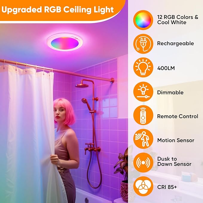 Rechargeable Motion Sensor Ceiling Light with 12 RGB Colors and Cool White Lights, Battery Operated Shower Lamp with Remote, Magnetic Motion Sensor Shower Light for Closet Bathroom Hallway Porch