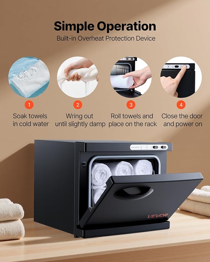 VEVOR Hot Towel Warmer, 8L Small Towel Warmer Cabinet with Clip & Stainless Steel Rack, Holds up 12 Towels, Portable All-Round Heating Cabinet for Spa, Barber, Manicures, Massage, Salon, Black