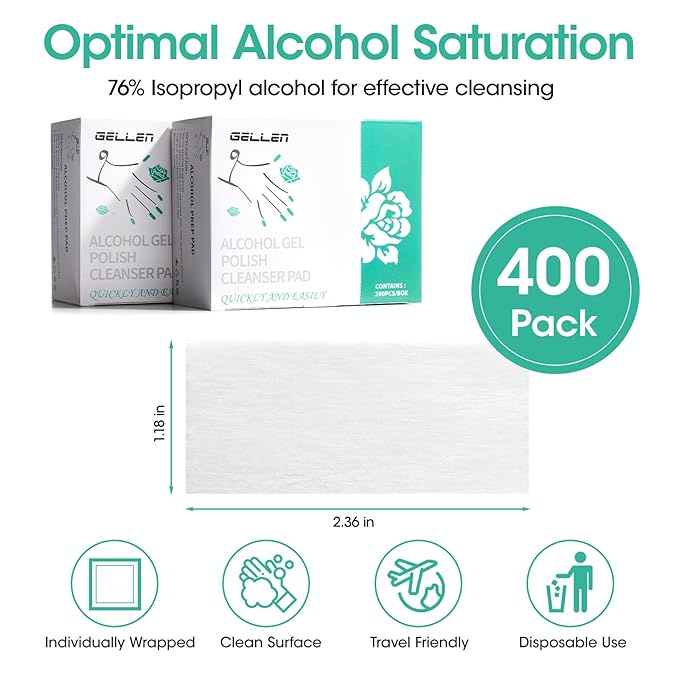 Gellen 400 Pack Nail Prep Cleanser Pads, Alcohol Pads for Nails, Individually Wrapped Nail Prep Pads, Lint-free Tacky Layer Residue Wipes for Acrylic & Builder Gel Polish Press-ons