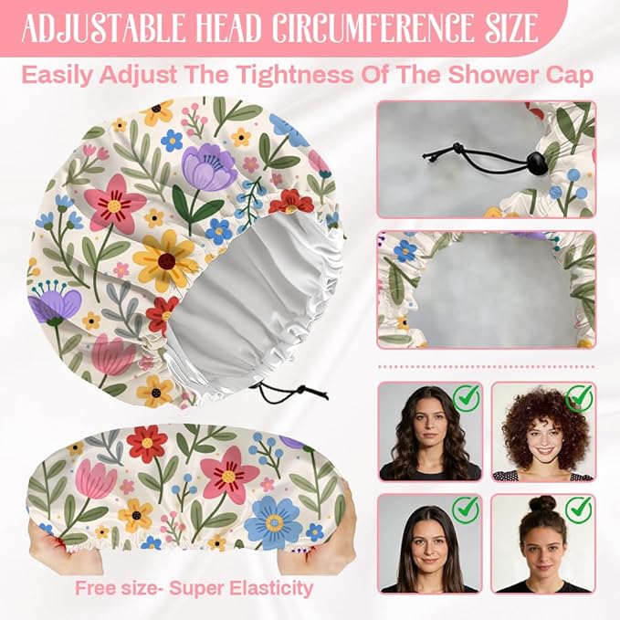 Bohemian Floral Patterns Reusable Shower Cap Cute Double Layer Waterproof Shower Caps Large Elastic Hair Cover Adjustable Hair - Drying Caps for Woman Bath SPA Travel One Size Fits Most