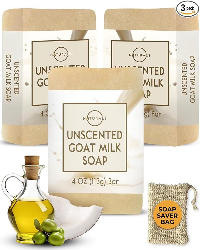 O Naturals 3-Pcs Goat Milk Soap with Soap Saver Bag - Unscented, Triple-Milled, Nourishing, for Sensitive Skin