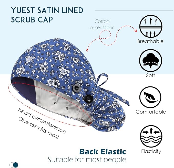 Satin Lined Scrub Caps with Buttons & Sweathand, Surgical Caps for Women