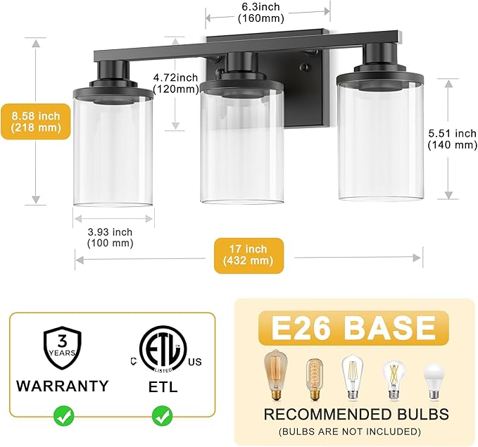L LOHAS LED 3-Light Bathroom Vanity Light, 17 Inch Matte Black Bathroom Lighting with Clear Glass Shade, Modern Vanity Light Fixtures Over Mirror for Living Room, Hallway