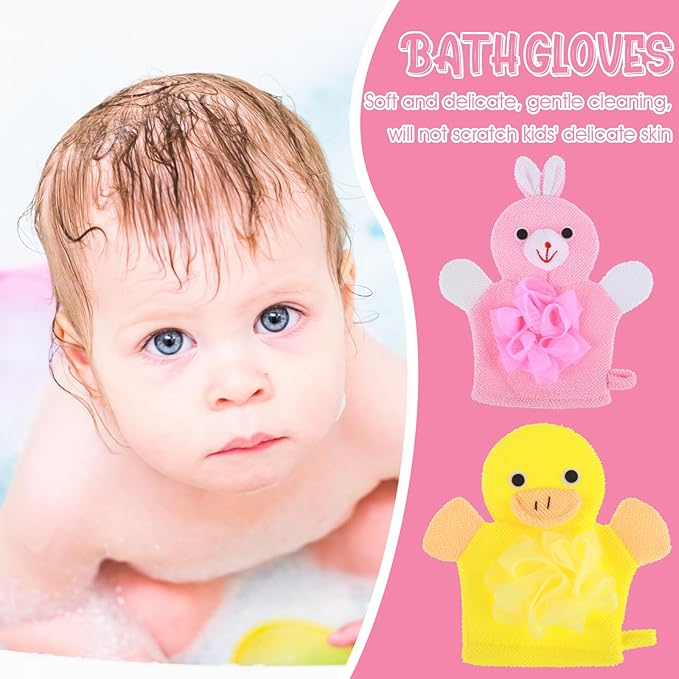 Bath Gloves Loofah for Kids, 2 Pcs Toddler Shower Sponges Body Scrubber, Cartoon Exfoliating Gloves, Cute Animal Washcloths Gloves for Body and Face Easy Lather (Yellow Duck and Pink Rabbit)