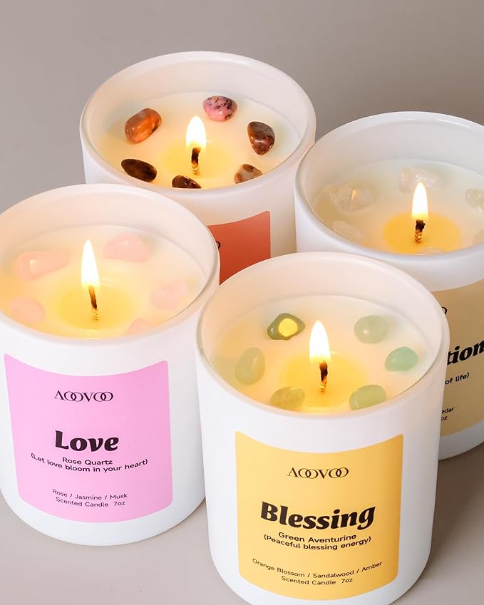 AOOVOO Mothers Day Candles Set for Mom - 4 Pack Candles for Home Scented, Aromatherapy Candle with Crystals, Gratitude Rhodonite/Appreciation Clear Quartz/Blessing Aventurine/Love Rose Quartz