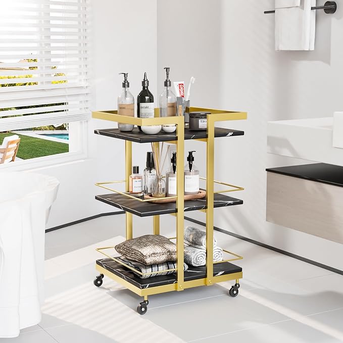 Esthetician Cart with Wheels Utility Salon Rolling Trolley, Black Gold Mobile Storage Organizer for Beauty Spa Cosmetology Massage, Tattoo Manicure Facial Tool Holder Station