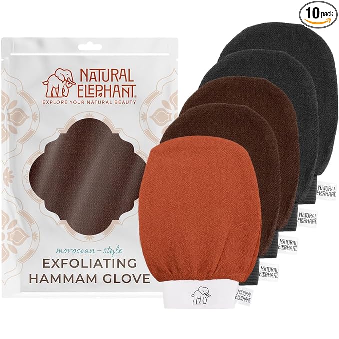 Natural Elephant Exfoliating Hammam Glove - Face and Body Exfoliator Mitt 5 and 10 Packs (2 Black, 2 Brown, 1 Orange (Pack of 5))