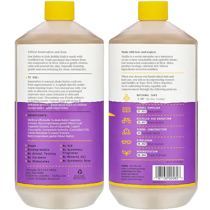 Alaffia Bubble Bath for Babies & Kids, Lemon Lavender 2-Pack – Long-Lasting, Moisture-Rich Bubbles with Shea Butter, 32 Fl Oz Ea