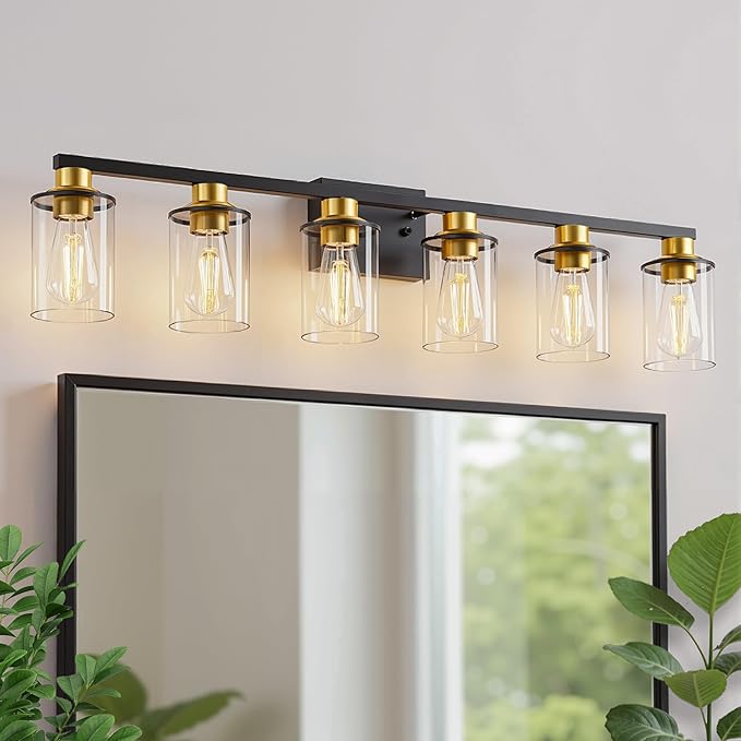 L LOHAS LED 6 Light Bathroom Light Fixtures, Black and Gold Vanity Lights for Bathroom, Vanity Lights for Mirror Bedroom Hallway