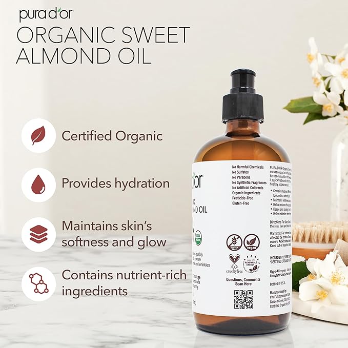 PURA D'OR ORGANIC Sweet Almond Oil (16.9 Oz GLASS BOTTLE) 100% Pure & Natural USDA Certified Cold Pressed Carrier Oil For DIY Beauty - Non-Greasy, Unscented, Hexane Free Moisturizer - For Hair & Skin
