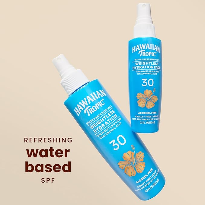 Hawaiian Tropic Weightless Hydration Water Mist for Face SPF 30, 2.1 Fl Oz, Travel Size SPF Face Mist Hydrating Spray, Non-Comedogenic Sunscreen Facial Mist, Non-Aerosol Sunscreen Spray, 2.1 Fl Oz