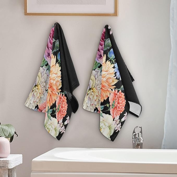 Peony Floral Black Hand Towels for Bathroom Set of 2,Vintage Blooming Flower Butterfly Bouquet Decorative Bathroom Towels for Bath,Face,Hair,Soft Absorbent Dish Towels for Kitchen 28"x14"