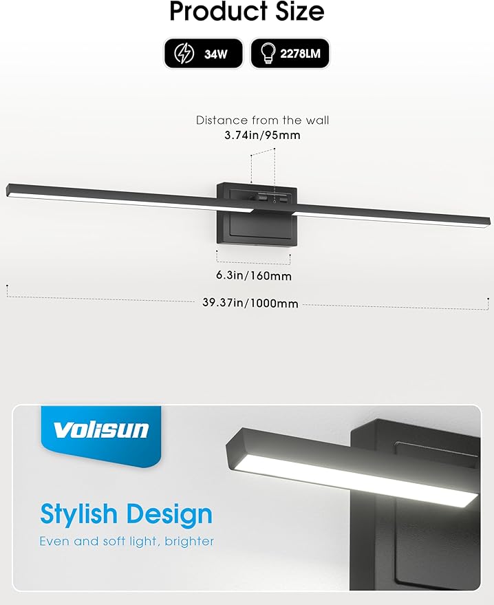 VOLISUN Bathroom Vanity Light 39.4 inch, 5CCT Dimmable, 34W LED Bathroom Light Fixture Over Mirror, Black Bar Vanity Lights for Bathrooms Mirror Cabinets