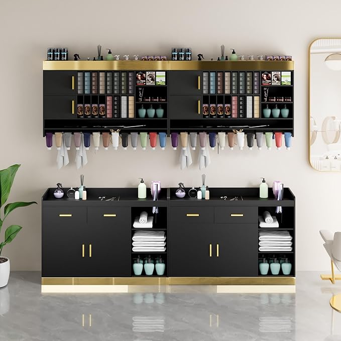 Salon Storage Cabinet Barber Station, Free Standing Hair Styling Station with Drawers, Hair Dryer Holders and Adjustable Shelves, Beauty Salon Spa Equipment