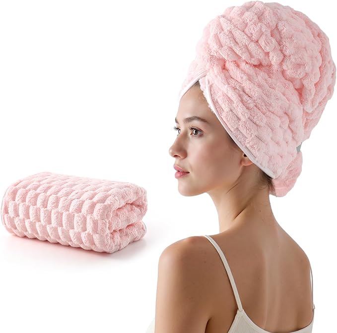 REDKISS Pink Microfiber Hair Towels - Extra Large Hair Towel Wrap for Women, 24x42 inch Hair Towels with Elastic Strap, Super Soft Hair Drying Towels for Long, Thick, Curly Anti Frizz Turbans