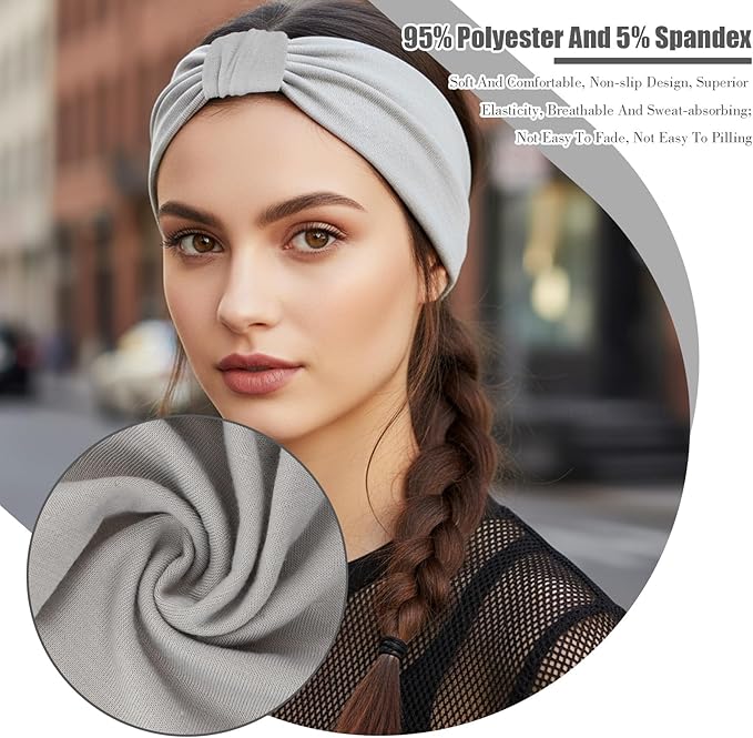 2 Pack Women Cotton Stretch Headband, Soft Breathable Hijab Cap, Wide Elastic Non-Slip Sweat Wicking Hair Band for Makeup Spa Sport Workout Running Daily Wear
