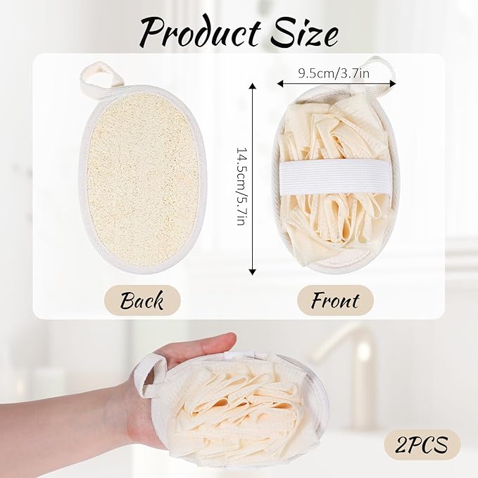 Jeffdad 2Pcs Natural Loofah Sponge, Premium Exfoliating Body Scrubber for Women & Men Ideal Shower Scrubber for Body Perfect for Exfoliation, Cleansing, and Gentle Skin Care(Beige)