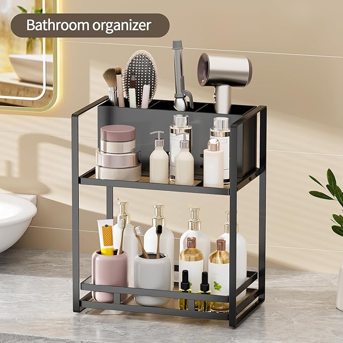SanDream Hair Tool Organizer Bathroom Countertop, 2-Tier Metal Bathroom Organizer with Blow Dryer Holder, Large Capacity Space-Saving Vanity Shelf for Perfume, Skincare & Makeup Storage (Black)