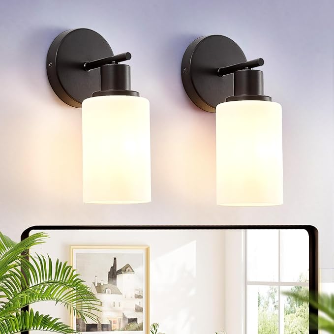 DLLT Wall Sconces Set of Two: Modern Bathroom Vanity Light Fixtures - Matte Black Vanity Lights with Milky White Glass Shade - Farmhouse Wall Lamp for Bedroom Living Room Mirror Hallway Kitchen