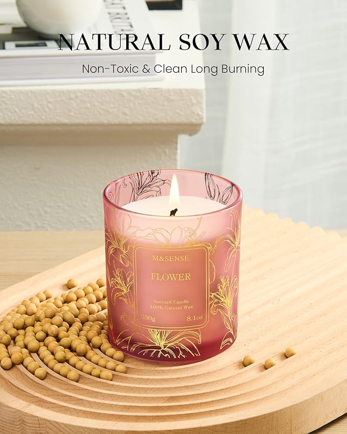 M&SENSE Floral Natural Soy Scented Candle, 7.8oz 42H Non-Toxic Aromatherapy Candle for Stress Relief, Romantic Perfect for Moms